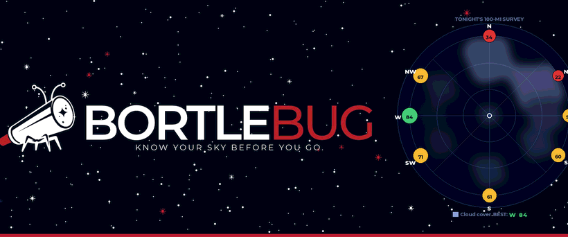 BortleBug — a night-sky survey chart on a starfield with the BortleBug logo