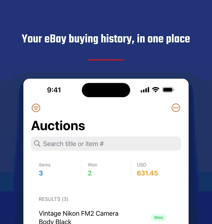 eBay Auction Reporter iPhone app showing an auctions list with totals