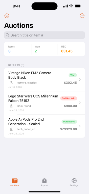 eBay Auction Reporter auctions list showing purchase history with totals