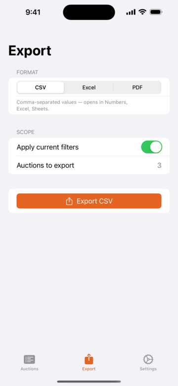 Export screen offering CSV, Excel and PDF formats