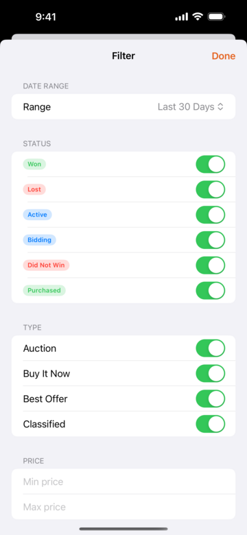 Filter screen with date range, status and price filters