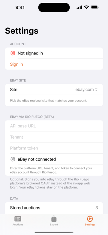 Settings screen showing eBay site selection and account options